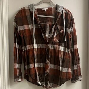 Maurices Brown and White Plaid Button Down Shirt with Hood
